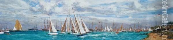 A One-design Class Crossing The Starting Line At Cowes Week Oil Painting - Charles Edward Dixon