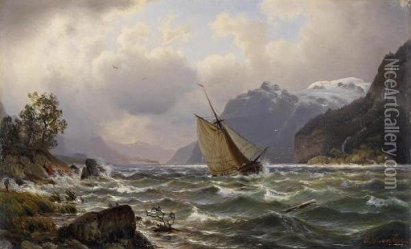 Stormy Sea In The Fiords Oil Painting - Johannes-Bertholomaus Dutntze