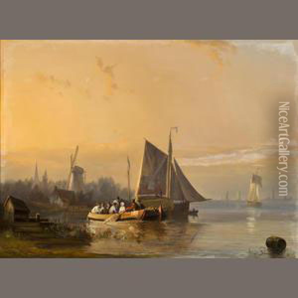 A River Scene At Dusk Oil Painting - Egidius Linnig