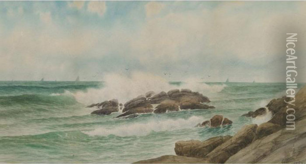 Crashing Surf, Schooners In The Distance Oil Painting - George Howell Gay