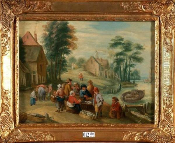 Marchands De Poissons En Bord De Riviere Oil Painting - Abraham Govaerts