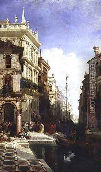 A Capriccio View of Venice with a Princess being Shown to a Gondola at the Back of the Scuola di San Marco Oil Painting - William Wyld