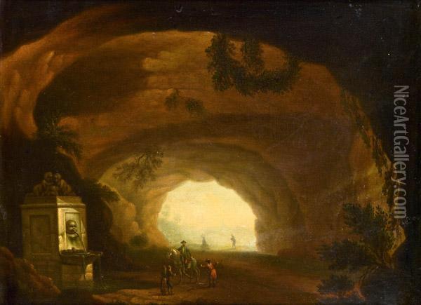 Grotte Mit Antikem Brunnen Und Staffage Oil Painting - Georg Heinrich Hergenroder
