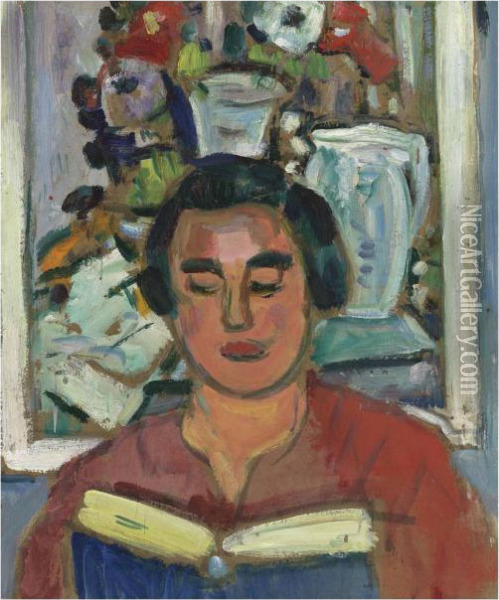 Painting & Book (portrait Of Miss Jean Mccaig) Oil Painting - George Leslie Hunter