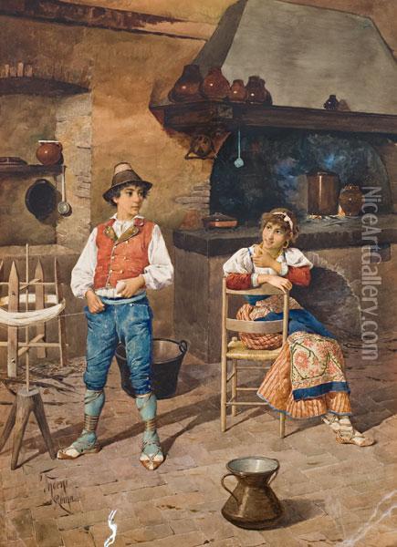 Due Giovani Popolani Conversano In Cucina Oil Painting - Filippo Indoni