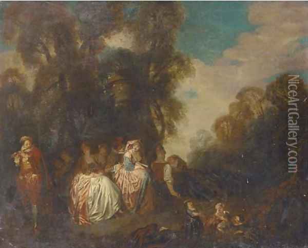 A fete champetre with elegant company listening to music Oil Painting - Watteau, Jean Antoine