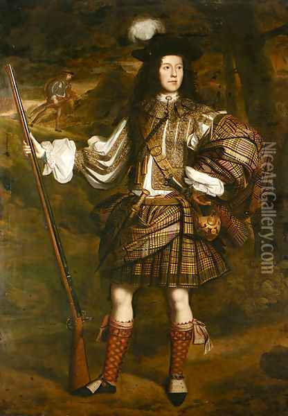 A Highland Chieftain Portrait of Lord Mungo Murray (1668-1700), full-length, in highland dress, holding a flintlock sporting gun in his right hand Oil Painting - John Michael Wright