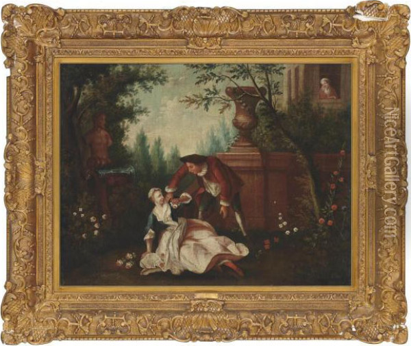 An Amorous Couple In A Classical Garden Oil Painting - Nicolas Lancret