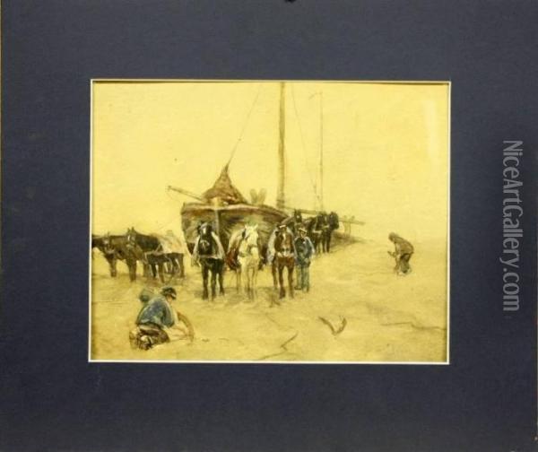 Bomschuiten Op Het Strand Met Figuren En Paarden Oil Painting - Anton Mauve