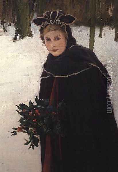 Winter - Portrait of a girl in a winter landscape Oil Painting - Harry van der Weyden