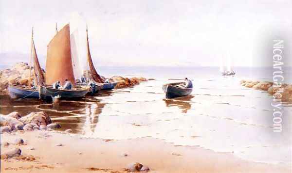 Landing the Catch (possibly Cemaes Bay, Anglessey) Oil Painting - Warren Williams