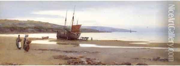 Figures and beached fishing vessels on a beach Oil Painting - Warren Williams