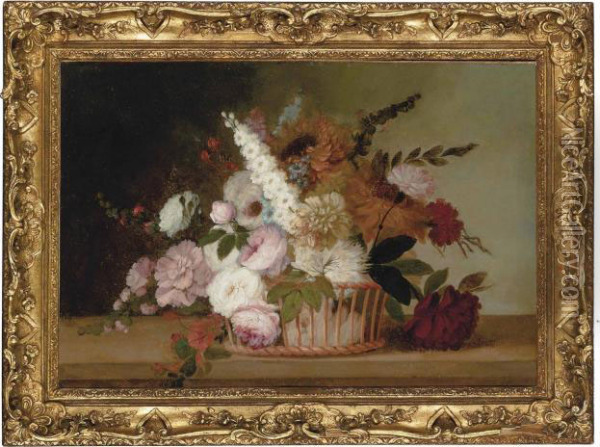 Peonies, Sunflowers And Chrysanthemums In A Wicker Basket On A Ledge Oil Painting - Jean-Baptiste Monnoyer