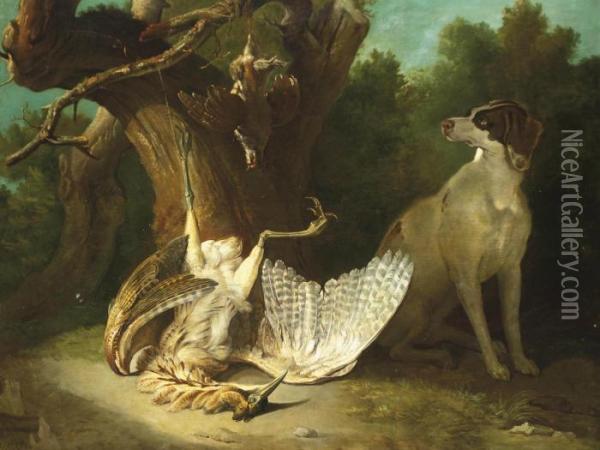 A Bittern, A Grey Partridge And A Pointer In A Landscape Oil Painting - Jean-Baptiste Oudry