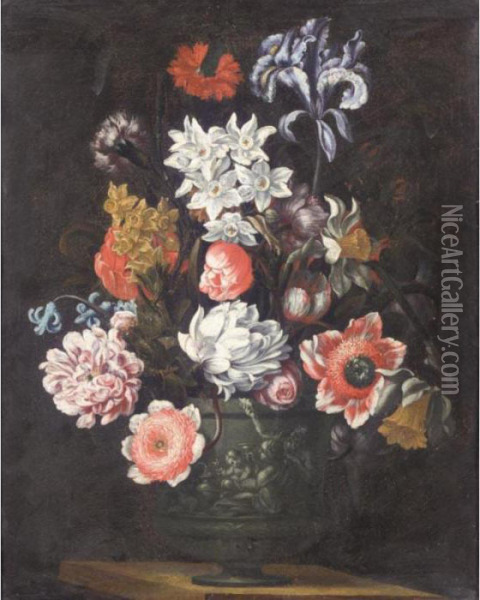 Still Life Of Various Flowers In An Urn Oil Painting - Bartolome Perez