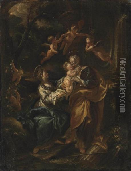 The Rest On The Flight To Egypt: A Modello Oil Painting - Domenico Piola