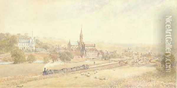 A steam engine pulling loaded wagons through the industrial North Oil Painting - George Weatherill