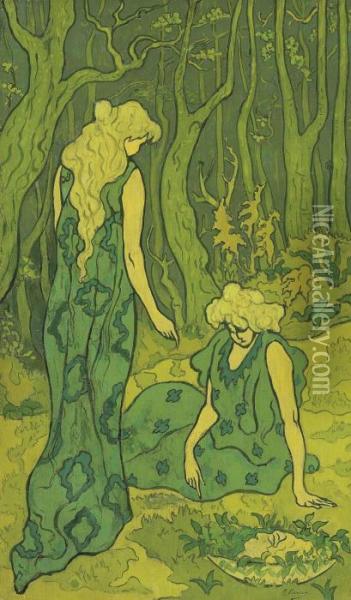 Deux Jeunes Filles Devant La Tete D'orphee Or Femmes Dans La Foretor Symphonie De Verts Oil Painting - Paul-Elie Ranson