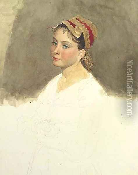 Portrait of a Russian peasant girl, half-length, in a Russian headress Oil Painting - Mihaly von Zichy