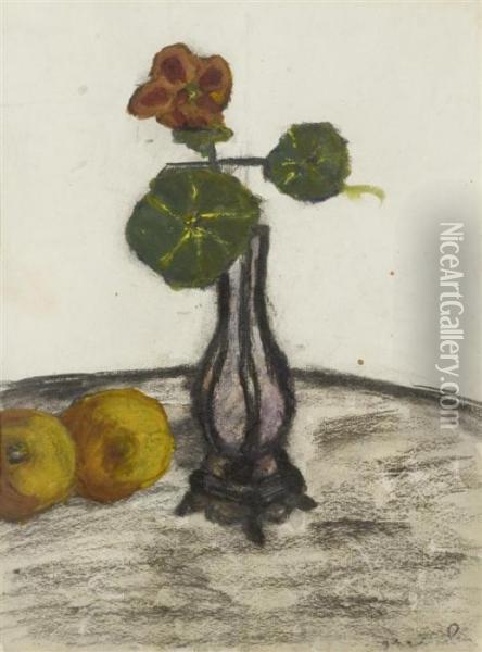 Still Life Of Flowers With Nasturtium And Apples Oil Painting - Theophile Alexandre Steinlen
