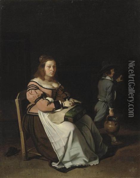 A Lady Sewing In An Interior Oil Painting - Michiel Sweerts