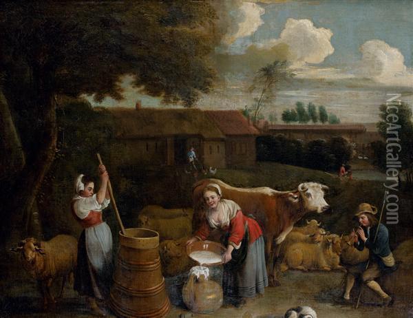 Le Barratage Du Lait Au Son D'un Flageolet Oil Painting - David The Younger Teniers
