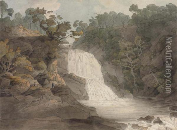 View Of The Cataract Of The Mothvaye, Merionethshire, North Wales Oil Painting - Francis Towne