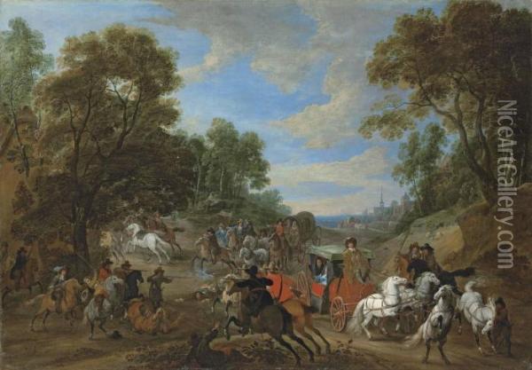 A Wooded Landscape With A Coach Being Ambushed In A Clearing Oil Painting - Adam Frans van der Meulen