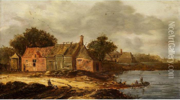Reetgedeckte Hauser Mit Figurenstaffage An Einem Flussufer Oil Painting - Jan van Goyen