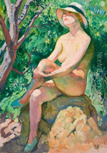 Nude With Crossed Legs In A Panama Hat Oil Painting - Theo van Rysselberghe