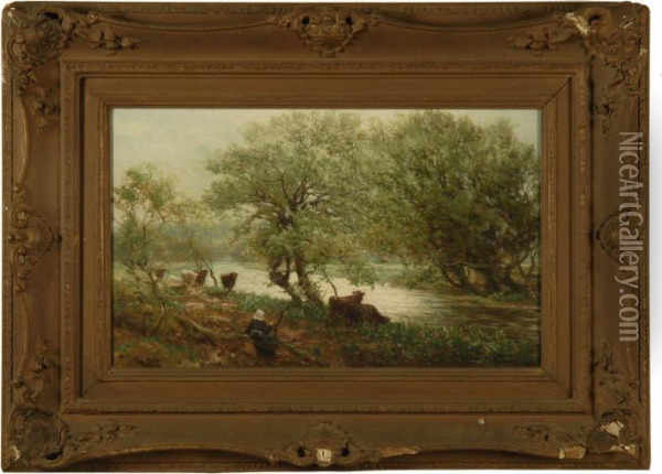 Cattle By A River. Oil Painting - Alexander Young