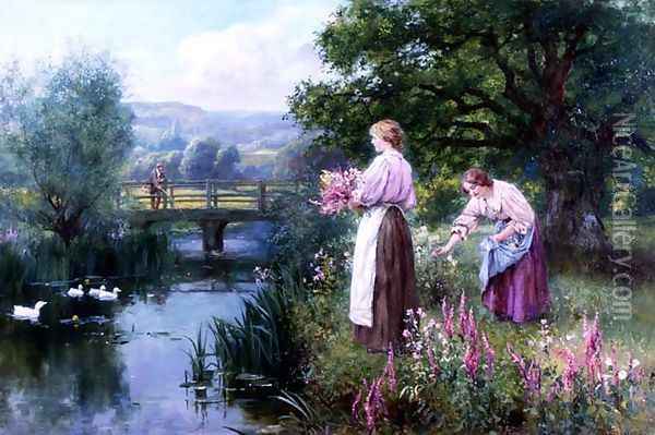 Girls Collecting Flowers Oil Painting - Henry John Yeend King