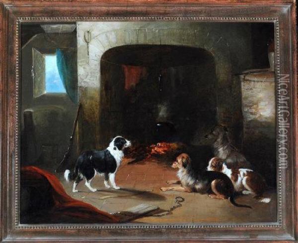 Four Gun Dogs At A Fireside Oil Painting - George Armfield