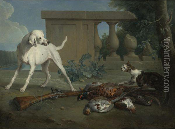 A Hound Protecting A Bag Of Game From A Cat Oil Painting - Alexandre-Francois Desportes