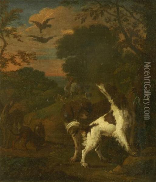 A Hawking Scene With Mounted Figure And Hunting Dogs Oil Painting - Alexandre-Francois Desportes