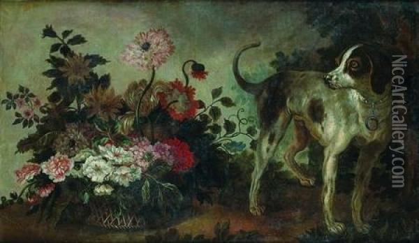 Nature Morte Au Panier De Fleurs Et Chien De Chasse Oil Painting - Alexandre-Francois Desportes