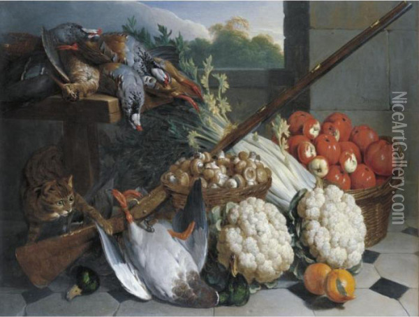 A Still Life Of Game With A 
Musket, Baskets Of Apples And Mushrooms, A Bunch Of Celery, Two 
Cauliflowers And A Cat Oil Painting - Alexandre-Francois Desportes