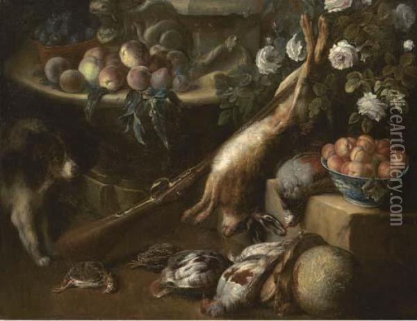 A Dead Hare, Woodcock And 
Pheasants On Ledges In A Garden, With Plums, A Bowl Of Peaches, A Gun 
And A Dog Oil Painting - Alexandre-Francois Desportes