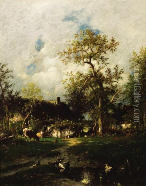 Farm House Near A Pond Oil Painting - Jules Dupre