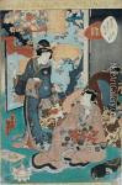 Samurai Und Geisha Vor Stellschirm Oil Painting - Kunisada