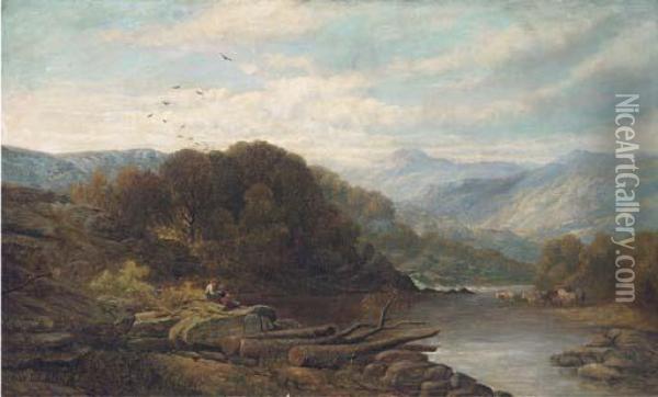 Cattle And Figures By A Lake In An Extensive Welsh Landscape Oil Painting - Benjamin Williams Leader