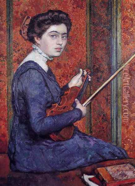 Woman with Violin Oil Painting - Theo van Rysselberghe