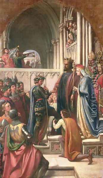 Edward III Conferring the Order of the Garter of Edward the Black Prince, 1847 Oil Painting - Charles West Cope