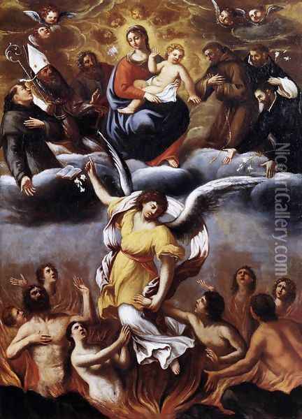 An Angel Frees the Souls of Purgatory c. 1610 Oil Painting - Lodovico Carracci