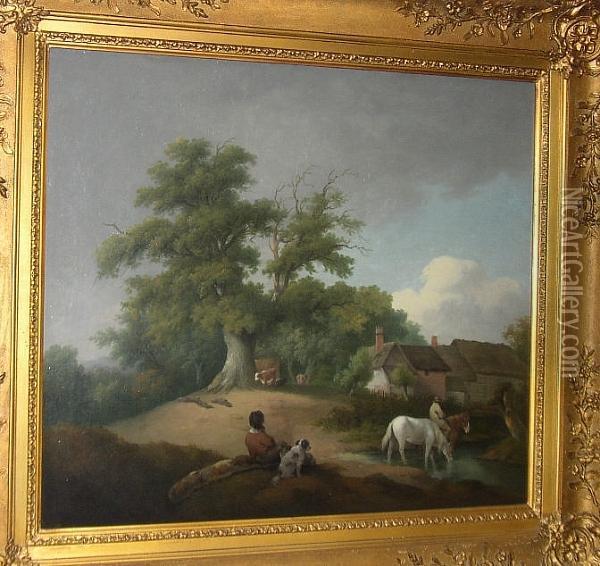 Horses Watering By A Woodland Farmstead Oil Painting - George Morland
