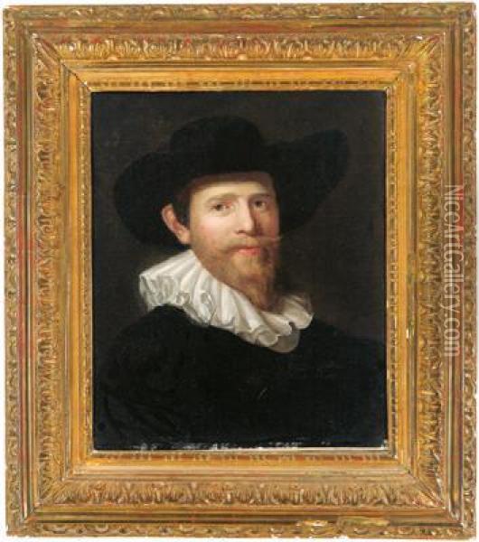 Bildnis Eines Herrn In Schwarzem Gewand Mit Hut Und Halskrause Oil Painting - Rembrandt Van Rijn