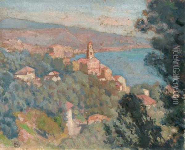 Le Village De La Mortola (vu Depuis La Route De Grimaldi) (italie 1921) Oil Painting - Theo van Rysselberghe