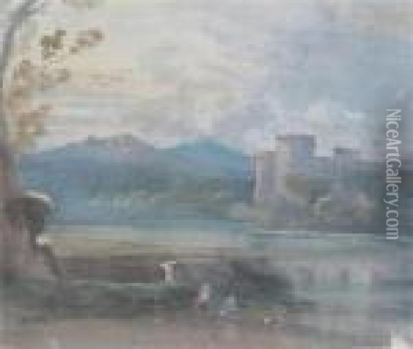 A Castle By A River Oil Painting - John Varley