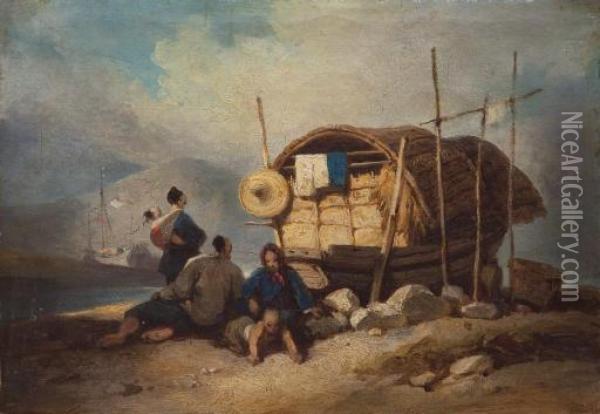 A Chinese Family With Their Sampan On The Banks Of The Pearl River Oil Painting - George Chinnery
