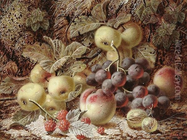 Still Life Of Fruit On A Mossy Bank Oil Painting - Oliver Clare